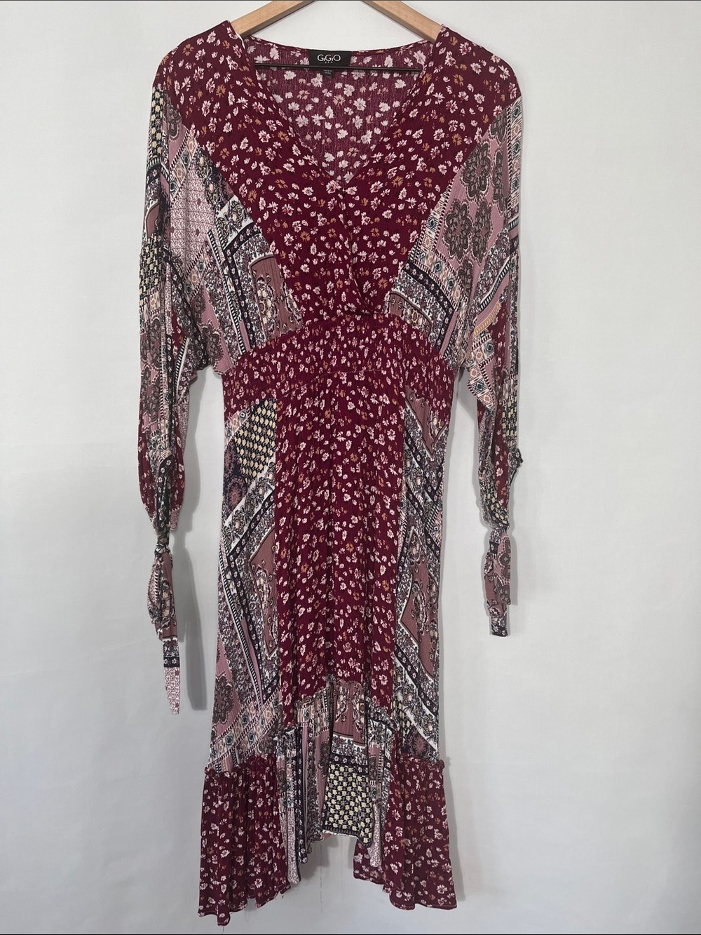 GIGIO Burgundy and Pink Asymmetrical Patchwork Dress